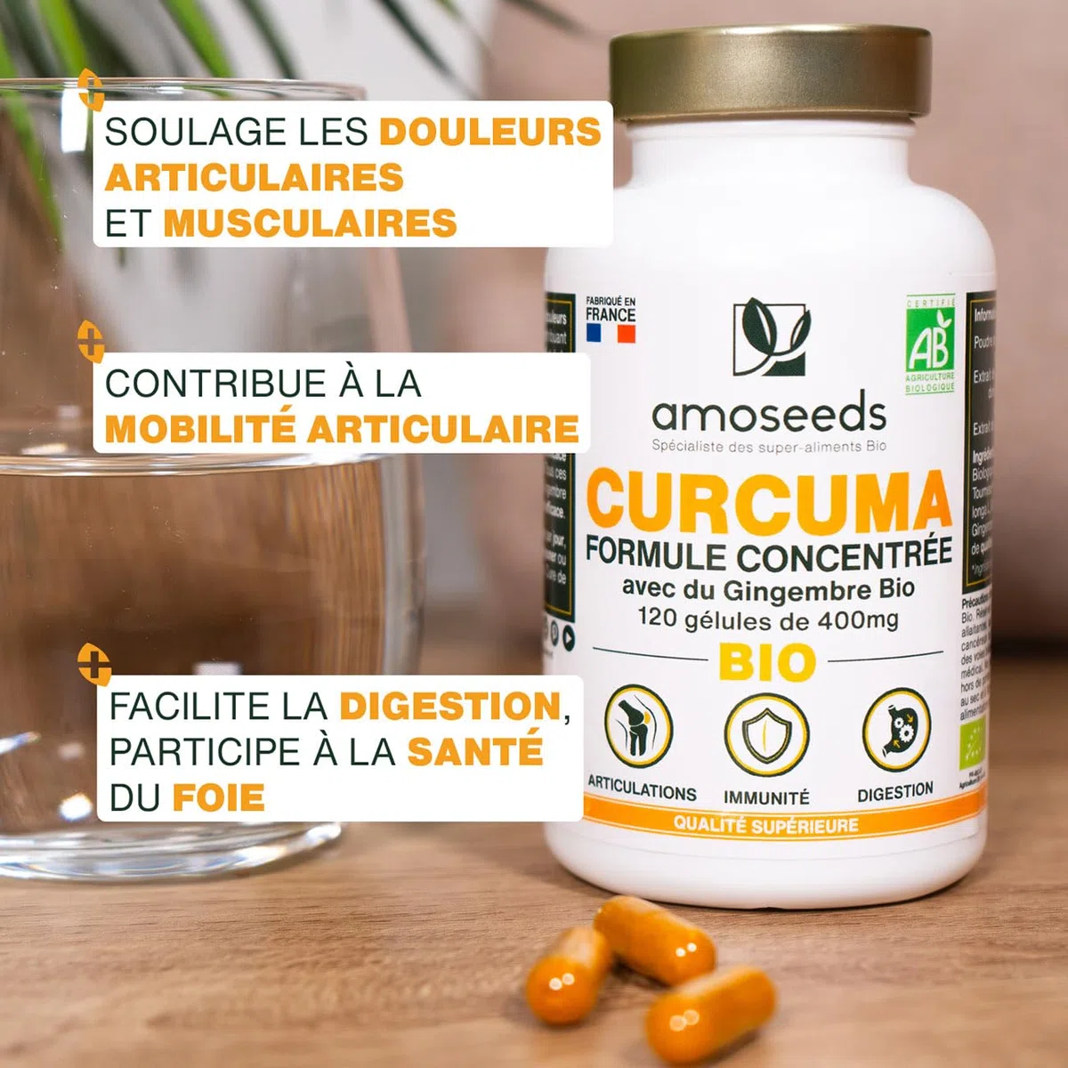 Curcuma BIO Haute Concentration | Avec Gingembre Bio | Curcumine Haute Absorption | Sans Pipérine | Articulations | 120 Gélules | Qualité Supérieure