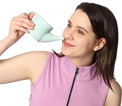 Ancient Impex Pot Neti en céramique 400 ml Vert menthe – Pot de nettoyage nasal anti-déversement avec 5 sachets de sel de Neti, passe au micro-ondes, kit ayurvédique Jala Neti pour soulager les sinus
