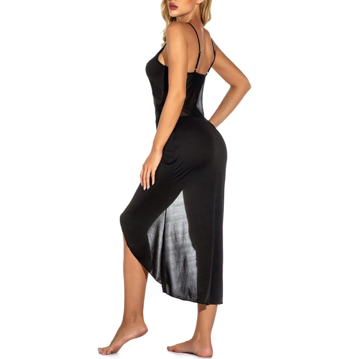 Robe longue sexy pour femme - Élégante - Fine - En maille - Avec fente haute - Sexy - Spaghetti - Chemise de nuit pour femme - Élégante perspective - Nuisette érotique - Effet mouillé - En maille