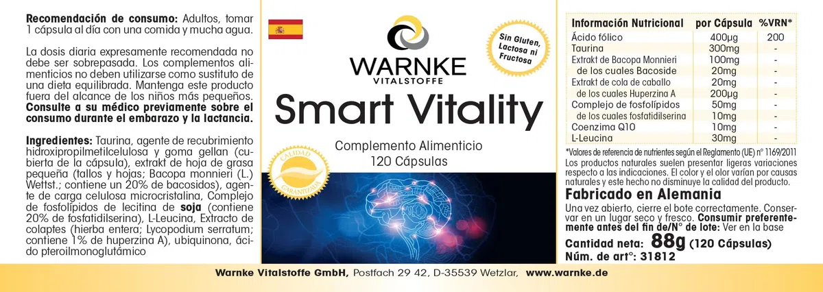 Smart Vitality - Complexe avec acide folique, taurine, Bacopa Monnieri, lycopode, phospholipide & Q10-120 gélules - fortement dosé - vegan | Warnke Vitalstoffe - Qualité des pharmacies allemandes