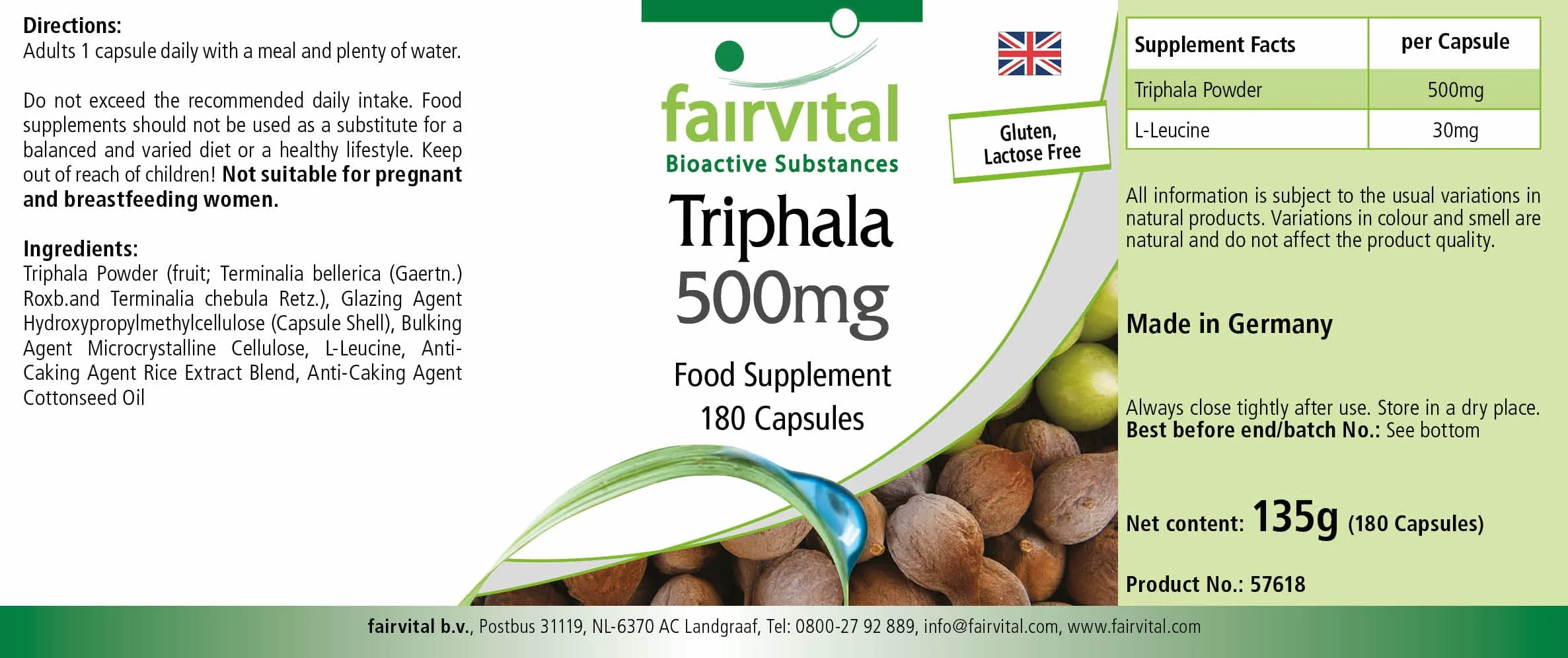 fairvital Triphala 500mg, 180 gélules végétaliennes, mélange ayurvédique à trois fruits, Amalaki, Haritaki, Bibhitaki, qualité contrôlée et hautement dosé, fabriqué en Allemagne