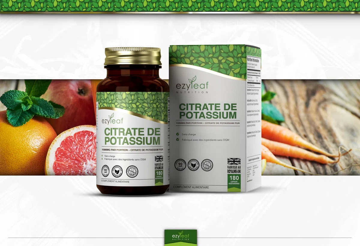 Ezyleaf Citrate de Potassium | 180 Capsules de Potassium à Haute Teneur - 1000mg de Potasium Citrate par Portion | Pas de charges Sans OGM Sans Gluten Sans Produit Laitier Sans Allergène