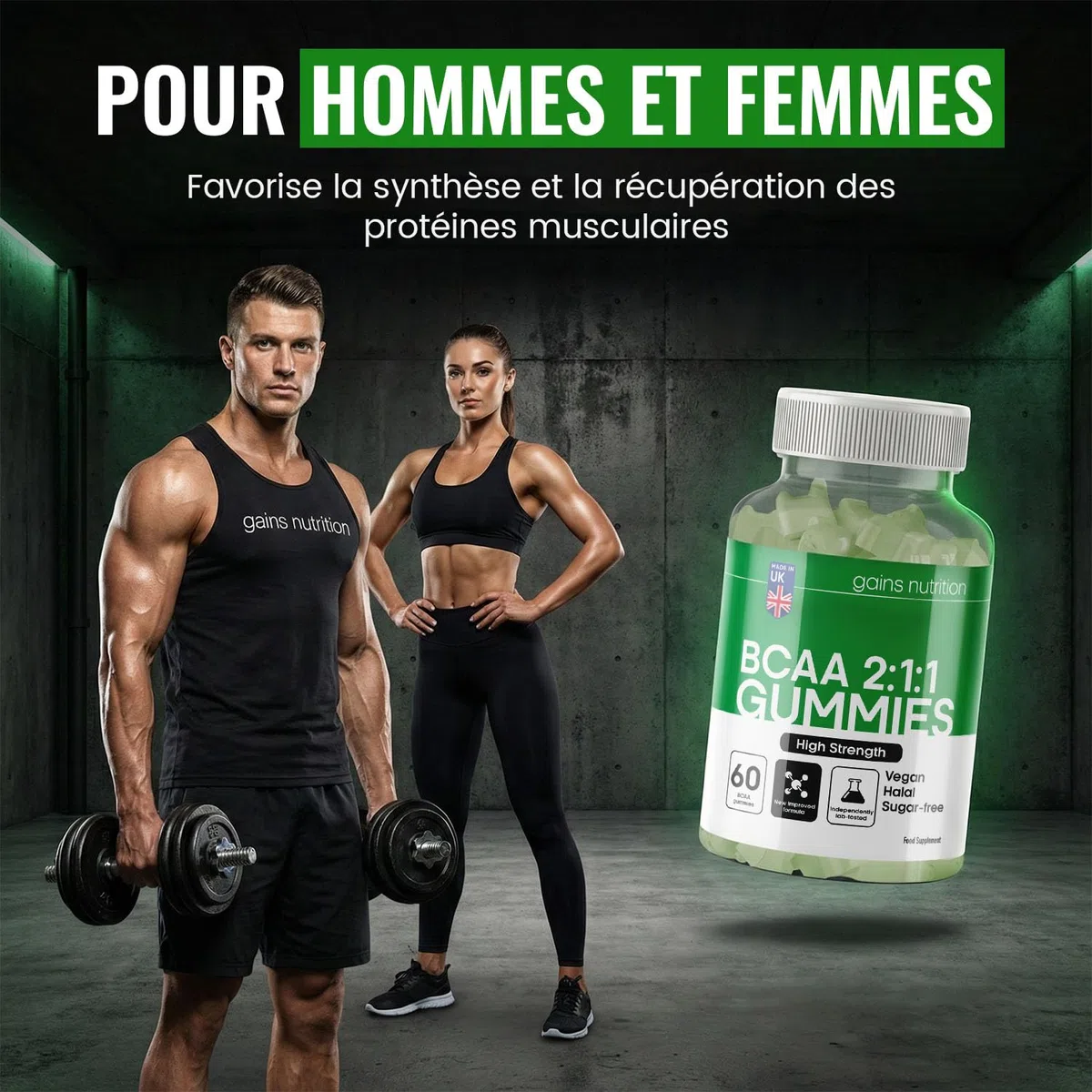 GN BCAA Gummies | 60 Gommes Acides Amines BCAA - 1000 mg Acide Aminé ramifié par portion - Complément L-Leucine L-Isoleucine L-Valine | Saveur pomme | Sans OGM Convient aux Végétaliens et Végétariens