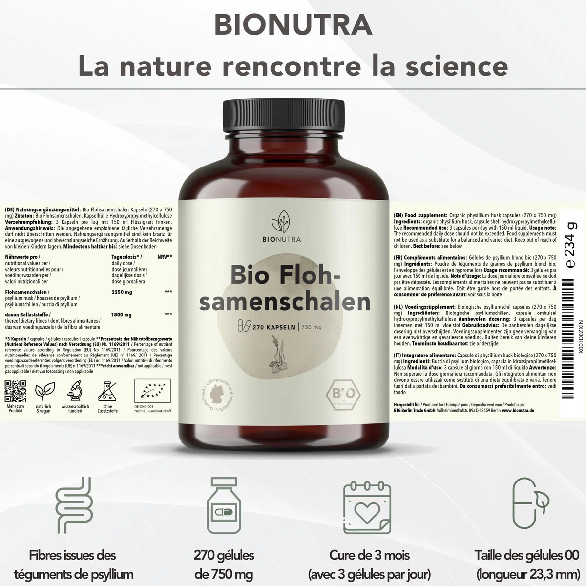 BIONUTRA® Gélules de psyllium bio hautement dosées 2250 mg/jour, 1800 mg fibres, contrôlées résidus, fabrication allemande, véganes, sans additifs, 270 pièces x 750 mg