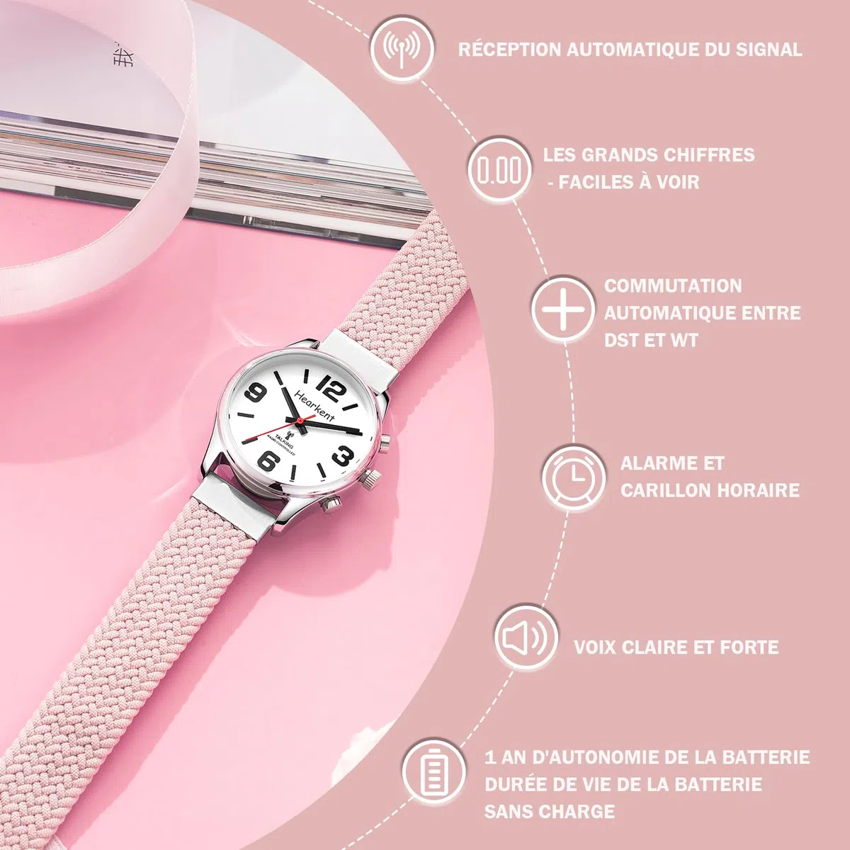 Hearkent Montre Parlante pour Aveugle Francais Femme Grands Chiffres | Voix Française Claire Heure, Date, Alarme, Rappel Médicaments pour Personnes Âgées, Sangle en Nylon Réglable