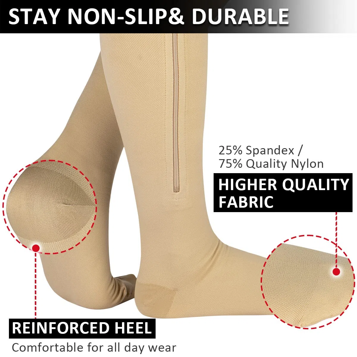 Ailaka Classe 1 Medicale Soutien Graduel Bas De Compression, Bas De Contention Homme Femme, 15-20mmhg Chaussettes de Compression Avec éclair Indiqué pour Voyages Jambes Enflées Course Vols