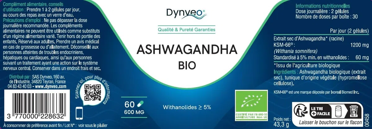 Ashwagandha BIO KSM-66 - Haute Concentration - Withanolides 5% - Stress, Énergie & Sommeil - Complément Alimentaire Naturel - Plante Adaptogène - 60 Gélules (1 à 2 mois) - Dynveo