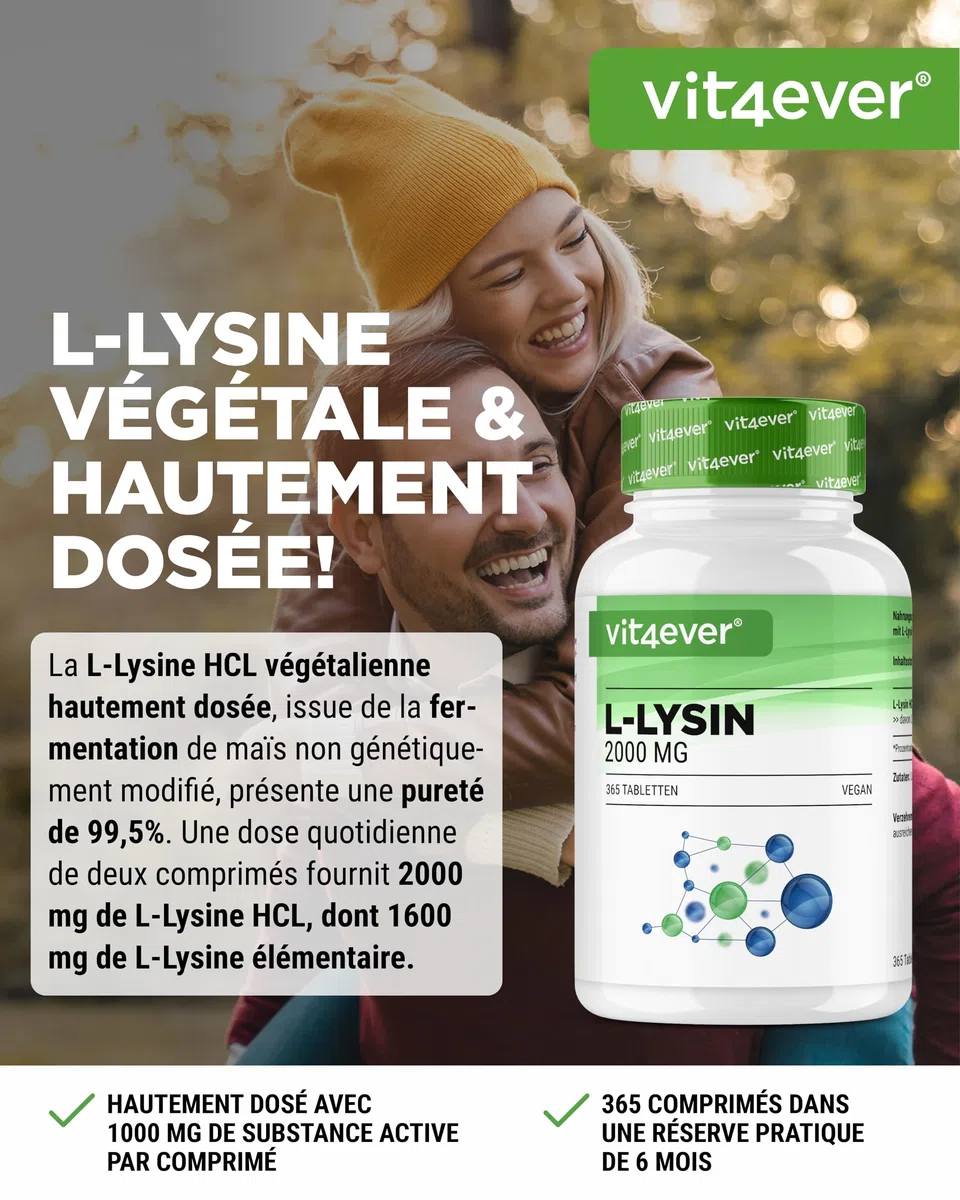 L-Lysine - 365 Comprimés - Fortement Dosé avec 2000 mg de L-Lysine HCL par Jour - Issu de Fermentation Végétale - sans Additifs Indésirables - Végétalien