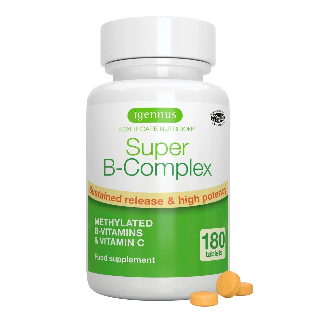 Igennus Super B-Complex à Haute Absorption avec Vitamines B Méthylées et Vitamine C, Liberation Prolongée, Ingredients Purs et Vérifié en Laboratoire, 180 Petits Comprimés, Vegan