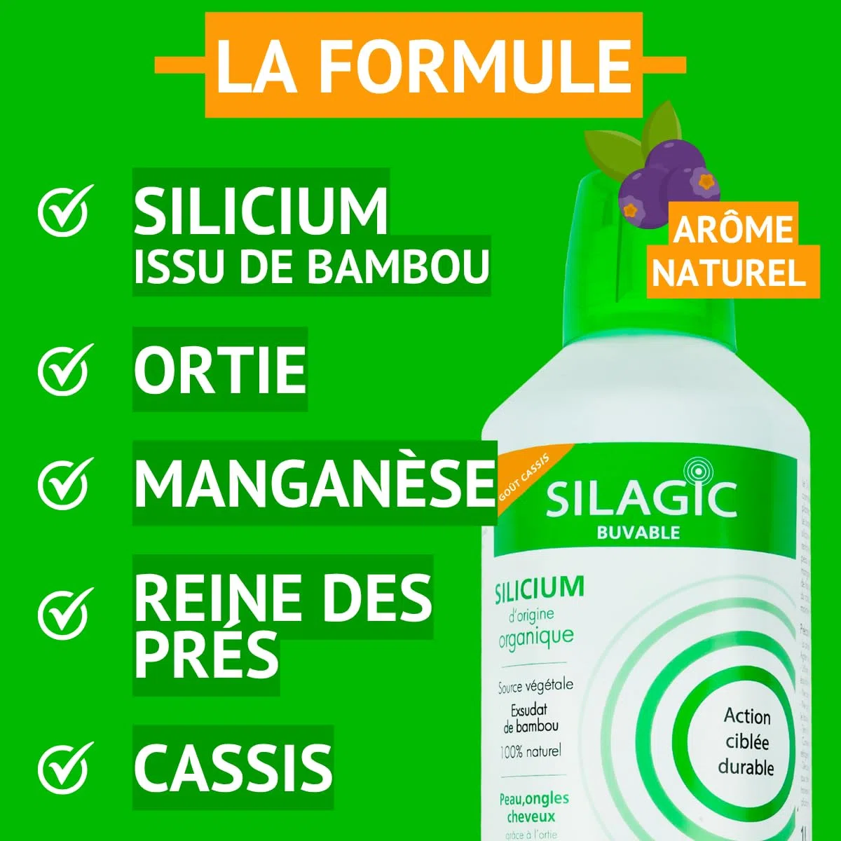 SILAGIC - Solution Buvable au Silicium Organique - Renforce Peau, Ongles & Cheveux - Maintient une Ossature Solide - Ortie, Bambou & Manganèse - Fabriqué en France - 1 L