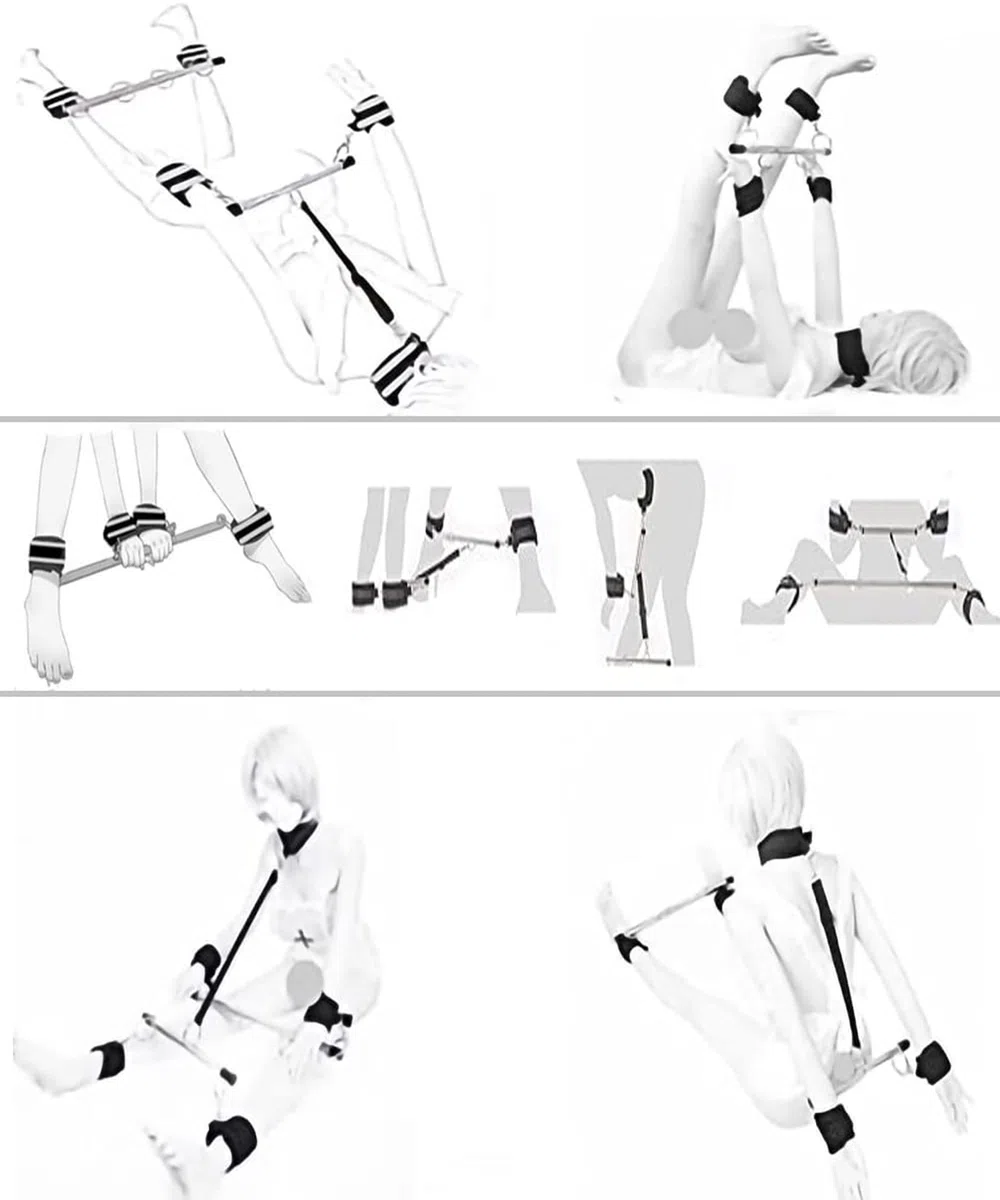 BAOMAZ4 Barre d'écartement en acier inoxydable Menottes mains et pieds Barre d'entrave Réglable Écarteur de jambes avec système de collier de serrage Torture Esclave Fétiche Ensemble de (SET)