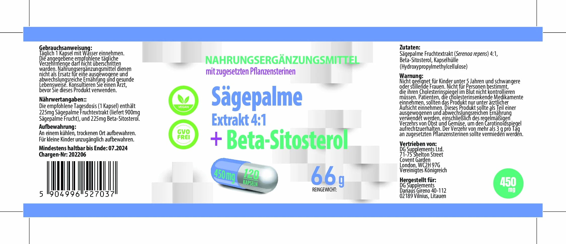 Hepatica Saw Palmetto | 4:1 & Complexe bêta-sitostérol 450 mg | 120 gélules végétales | Palmier nain – Serenoa repens | GMP & Testé en Laboratoire Indépendant