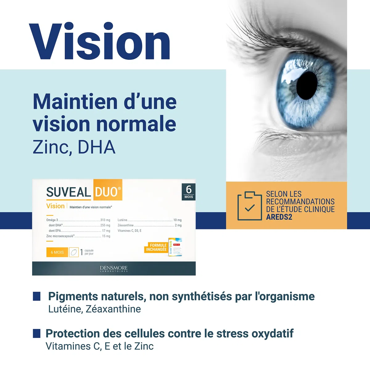 Densmore - SUVEAL Duo - Complément Alimentaire Ophtalmologique à base de DHA (Oméga 3), Lutéine, Zéaxanthine, Vitamines et Zinc - Idéal Vision - 180 Capsules - Cure de 6 mois - Fabriqué en France