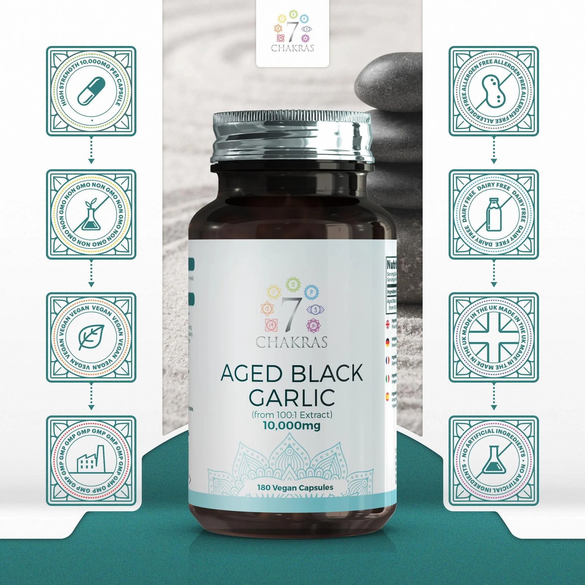 7C Ail Noir Vieilli | 180 Capsules d'ail Noir Inodore Haute Résistance - 10,000mg D'extrait D'ail par Capsule | Sans OGM, Sans Gluten et Sans Allergène | Fabriqué au RU