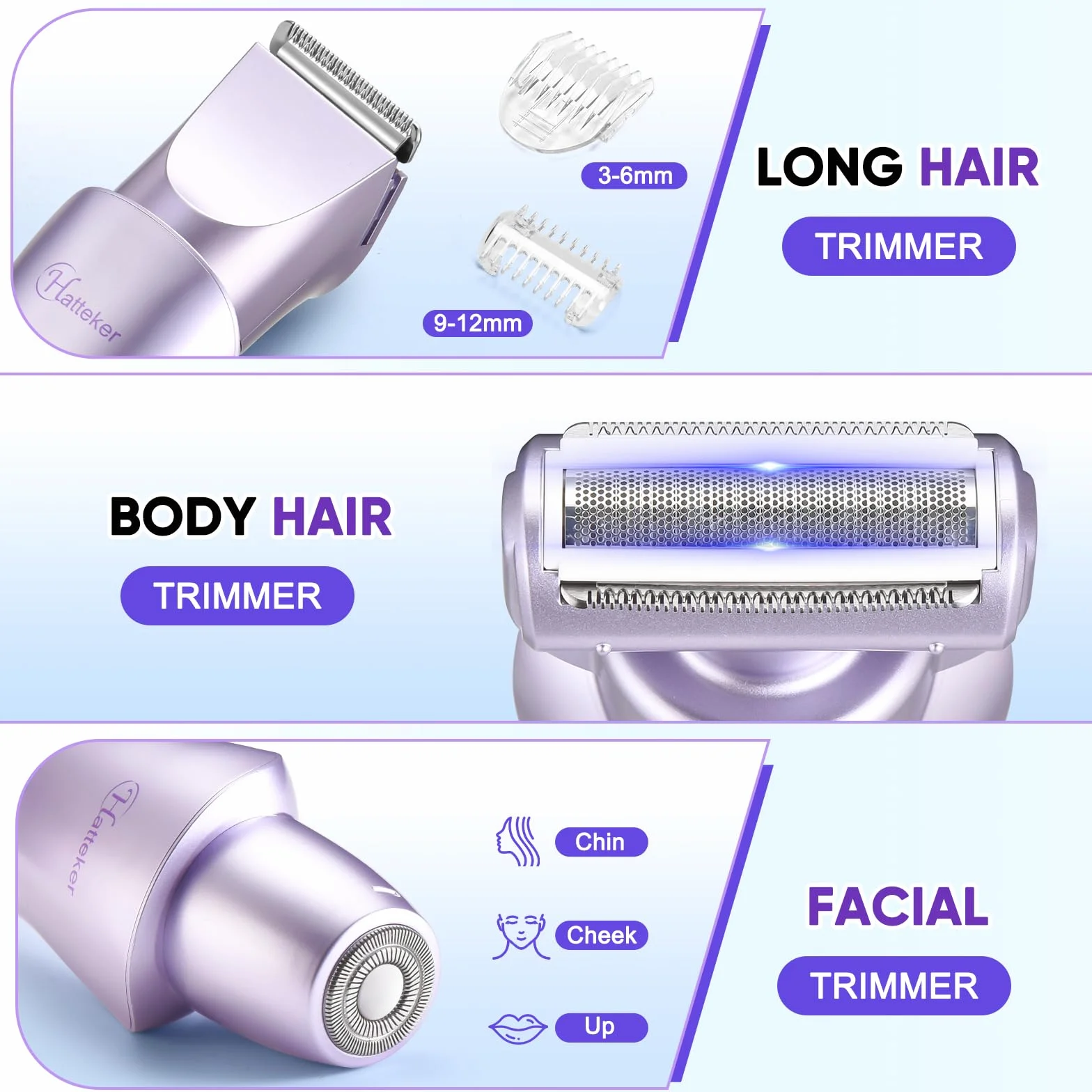Hatteker Rasoir Electrique Femme Tondeuse Femme Intime Bikini Affichage LED étanche IPX7 3 en 1（violet）