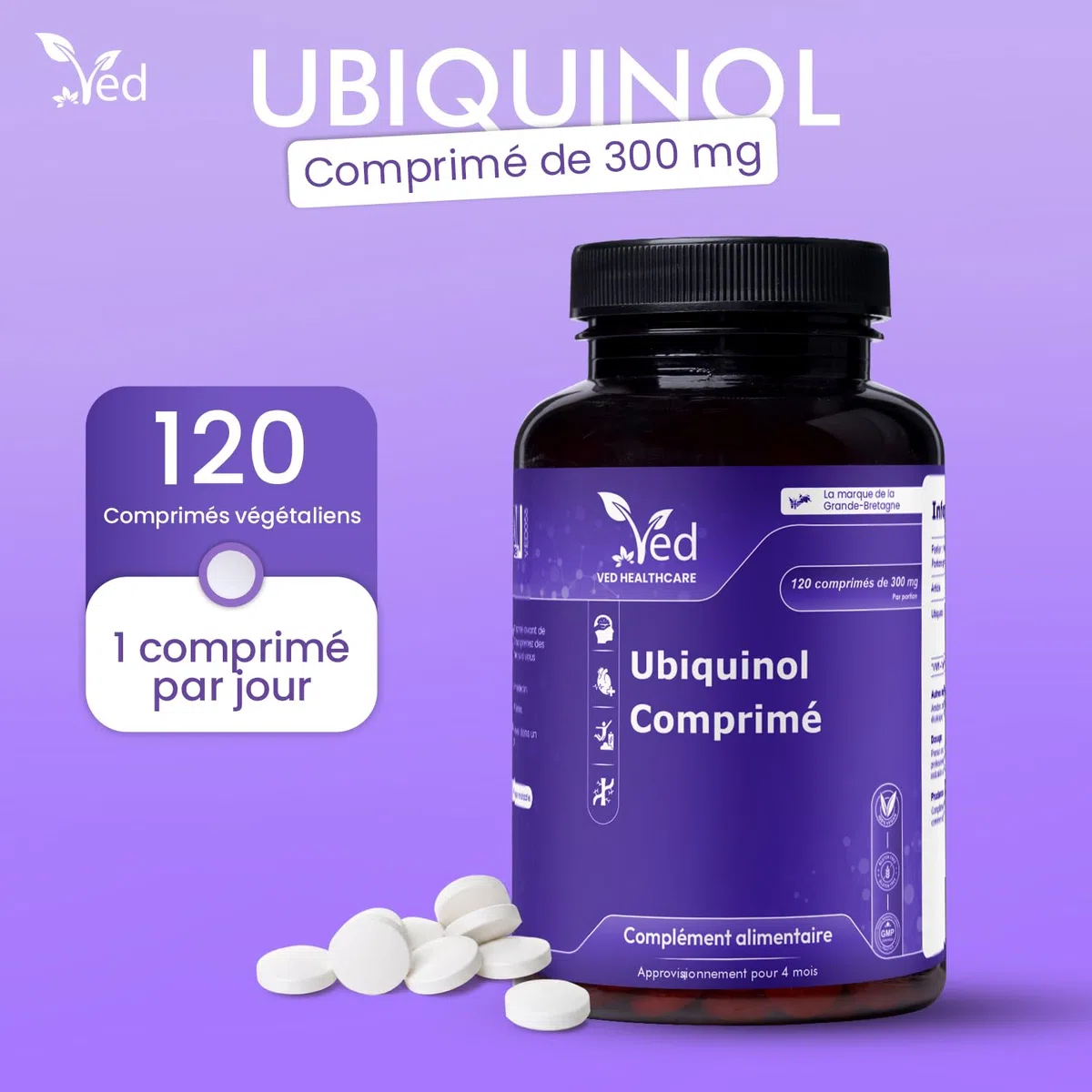 Avec l'ubiquinol | Forme active coq10 | Absorption élevée/Bioactivité améliorée, 300 mg 120 Tablets.