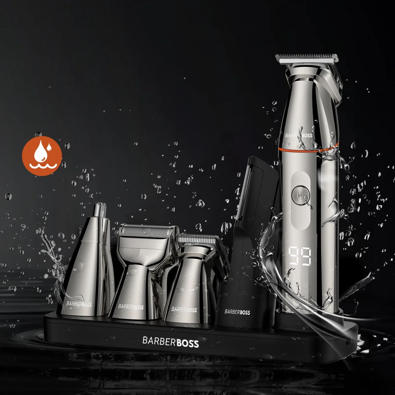 BarberBoss Kit tondeuse à barbe sans fil pour homme, rasoir 5 en 1 avec tondeuse à cheveux, tondeuse nez, recharge USB-C et lames en acier inoxydable, toiletteur corporel