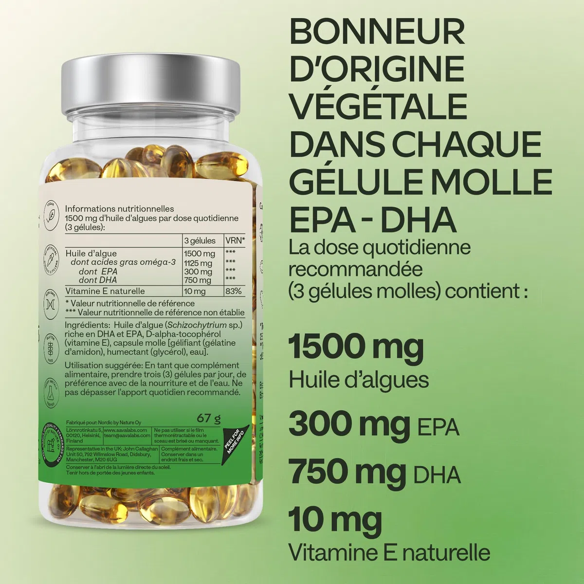 Omega 3 Vegan [1500mg] Oméga 3 d'Huile d'Algue d’Origine Durable Hautement Dosé 750mg DHA + 300mg EPA par Dose - Complément Alimentaire Omega3 100% Végétalien - 90 Gélules