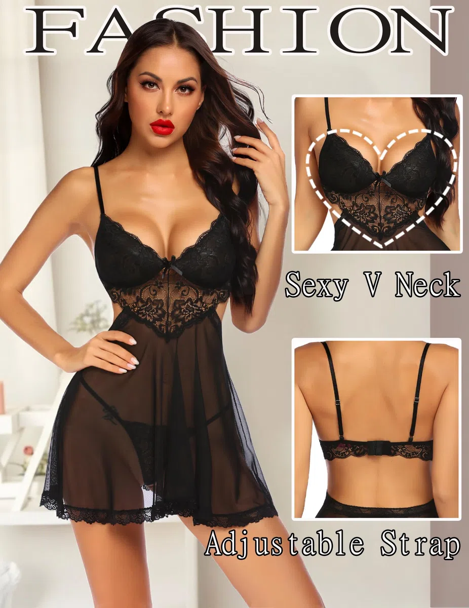 Avidlove déshabillé Femme Nuisette Lingerie Dentelle col en v Corsage Femme Lingerie Dos Nu Chemise de Nuit