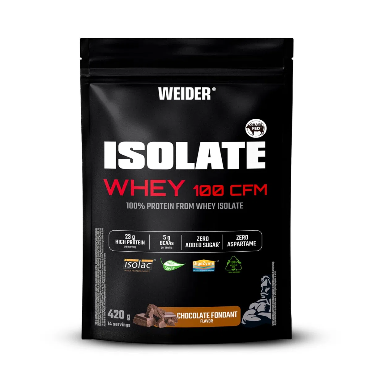 Weider Isolate Whey 100CFM (420g) Goût Chocolat, 100% Isolat de Protéines de Lactosérum 23g /Portion, Avec Enzymes Digestives, Sans Sucres Ajoutés, ni Aspartame, Faible teneur en Graisses, 14 portions