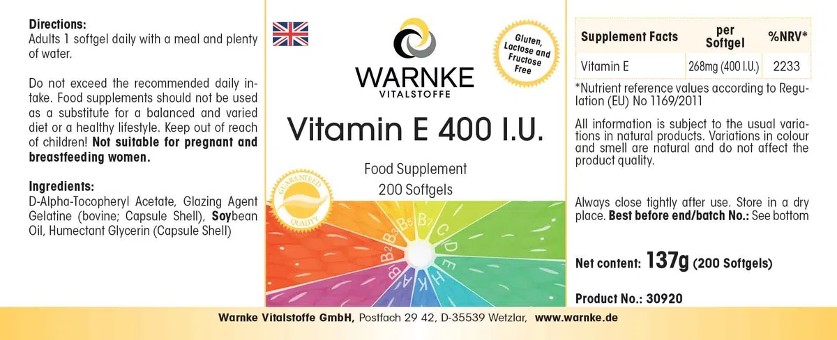 Vitamine E 400 U.I. - 200 softgels pour 200 jours, antioxydant, emballage en gros | Warnke Vitalstoffe - Qualité des pharmacies allemandes