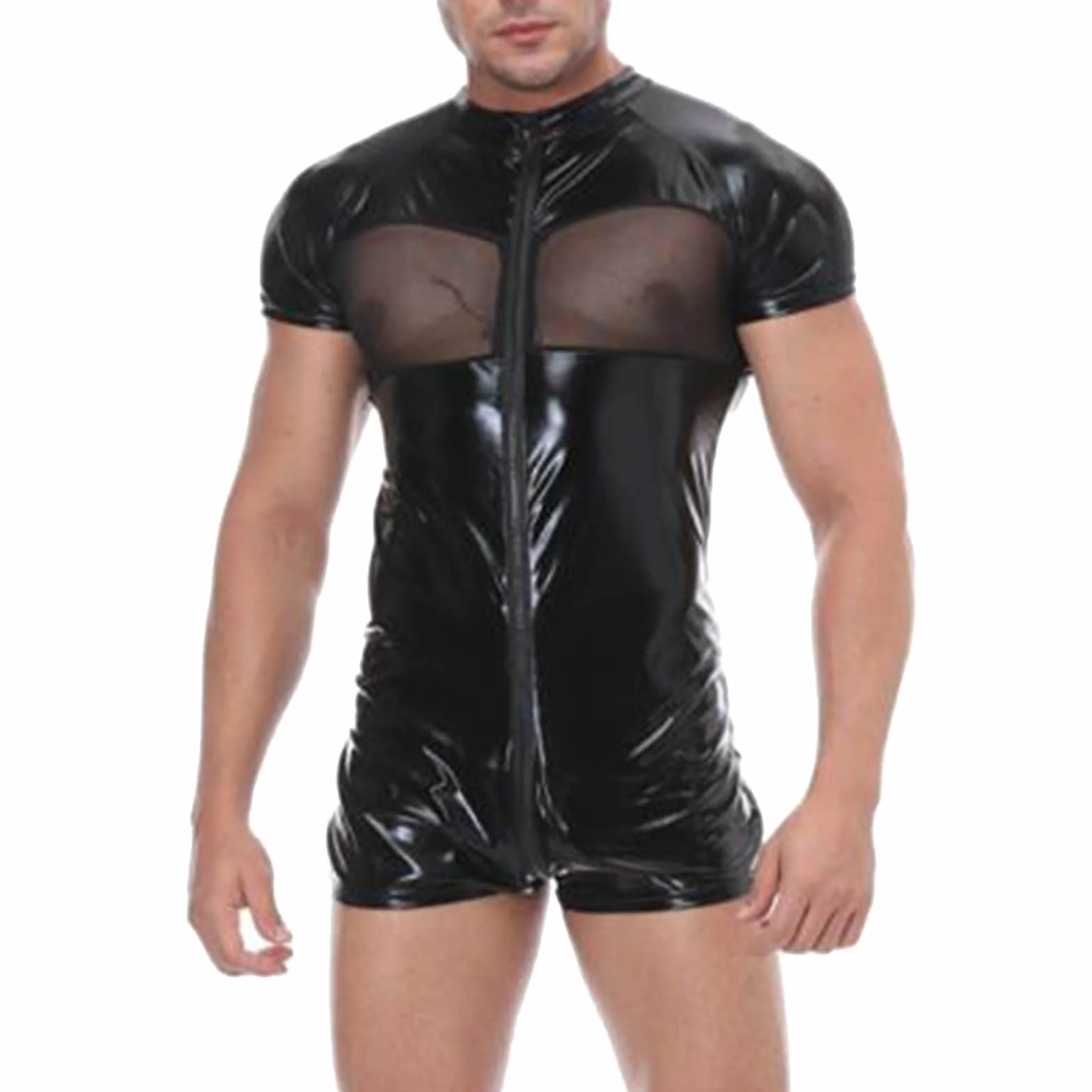 Latex Tenue Techno pour homme - Effet mouillé - Maillot de corps en cuir - T-shirt en maille - Clubwear - Débardeur - Coupe ajustée - Chemise en cuir - Lingerie pour homme