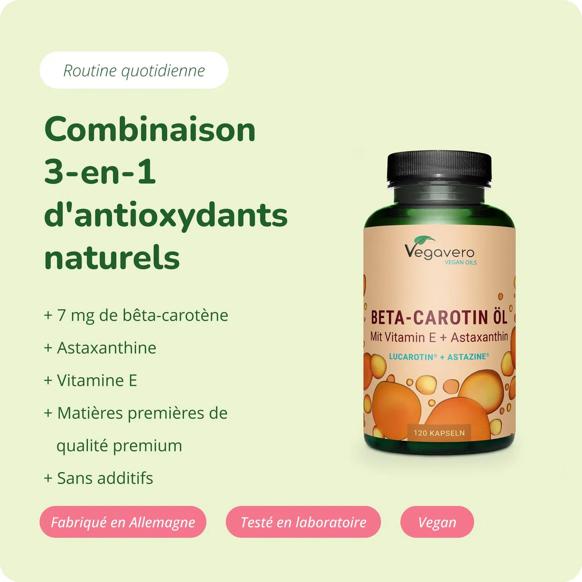 Complexe Bêta Carotène | Avec Vitamine E & Astaxanthine | 120 gélules (4 mois) | Qualité Supérieure : Lucarotin® B 30 SUN | Sans Additifs & Vegan | Protection Peau & Bronzage | Vegavero®