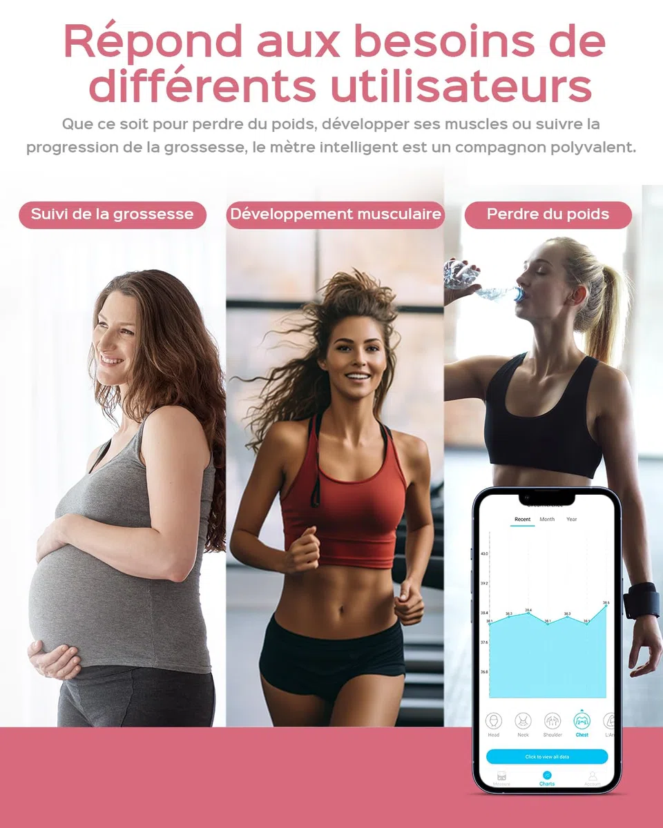 Mètre Ruban Corps Rétractable | Connecté avec Application pour Mesure du Corps, Suivi Fitness et Perte de Poids, Rechargeable, 60 Pouces/150 cm