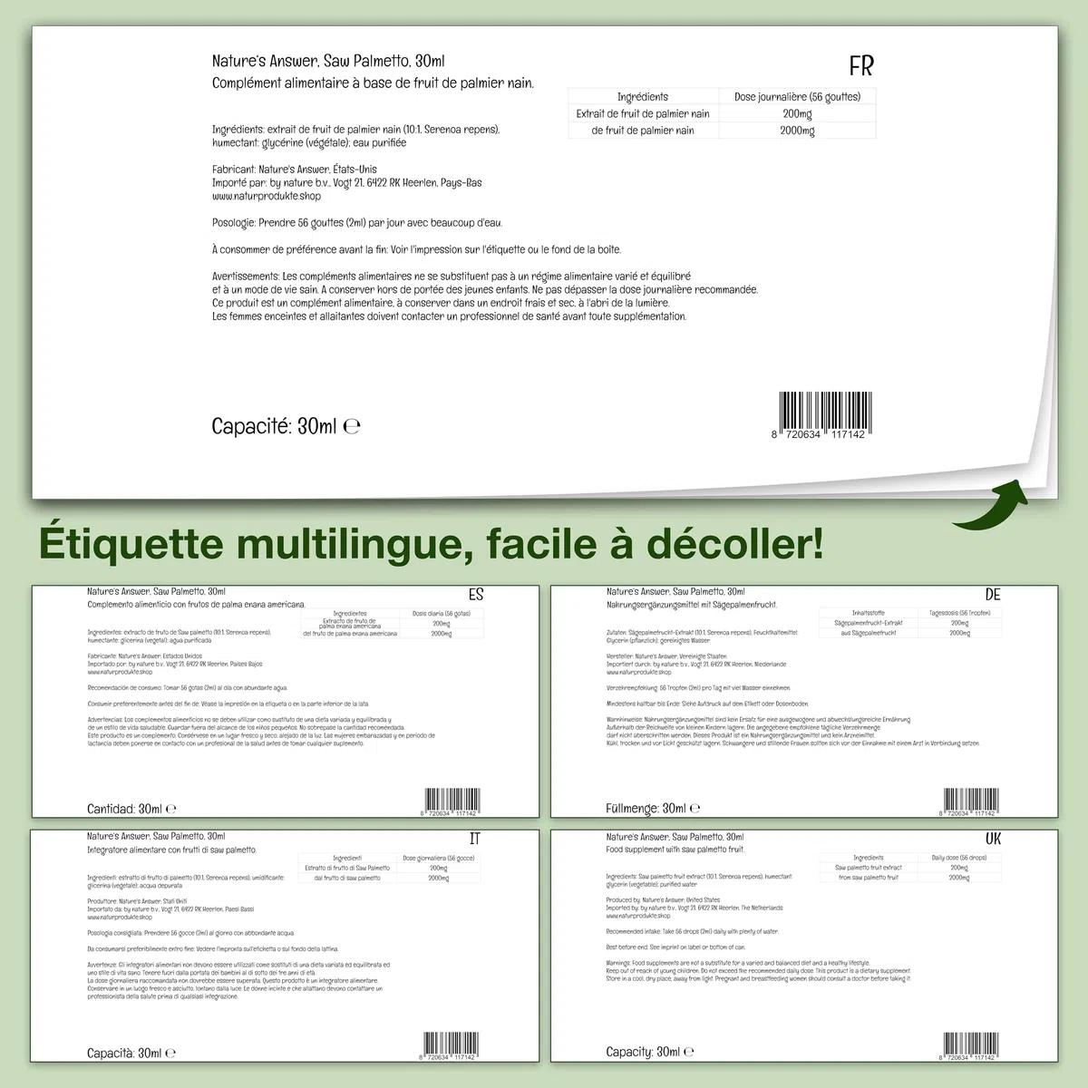 Nature's Answer, Saw Palmetto Extract (Extrait de Palmier Nain), Sans Alcool, Gouttes végétaliennes, 30ml, Sans Gluten, Sans Soja, Végétarien, Sans OGM