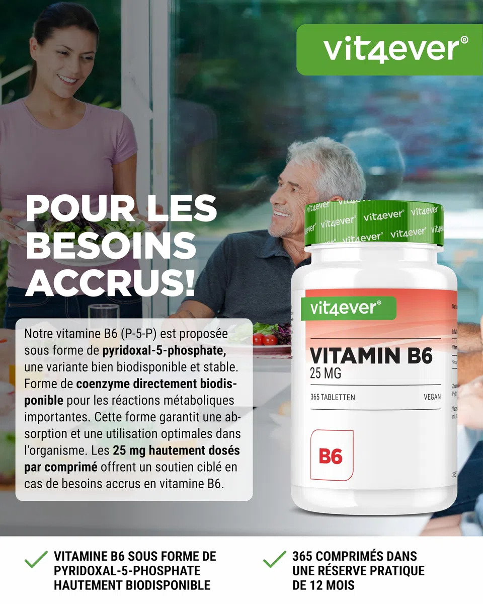 vit4ever Vitamine B6 sous Forme de P-5-P - 365 Comprimés - Hautement Dosée à 25 mg (Pyridoxal-5-Phosphate) - Premium : Vitamine B6 Bioactive - Sans Additifs Indésirables - Vegan