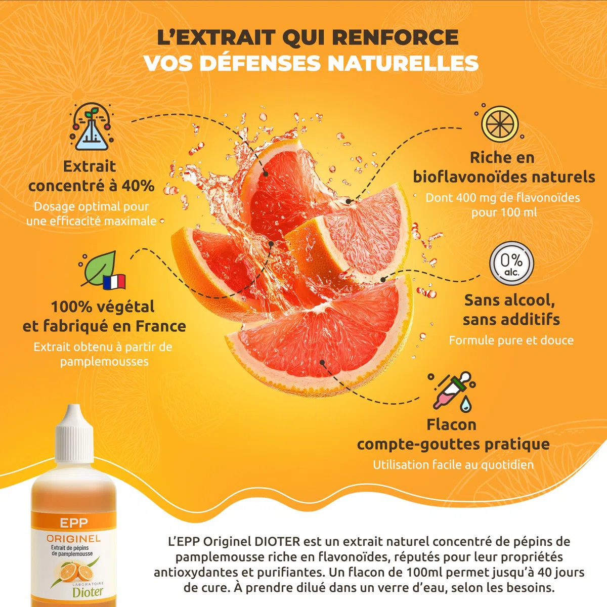 Extrait de Pépins de Pamplemousse Pur 100 ml | Complément Naturel Sans Alcool | Renforce les Défenses Immunitaires | Fabrication Française | Vitamine B9, Sans Conservateur – Laboratoire Dioter