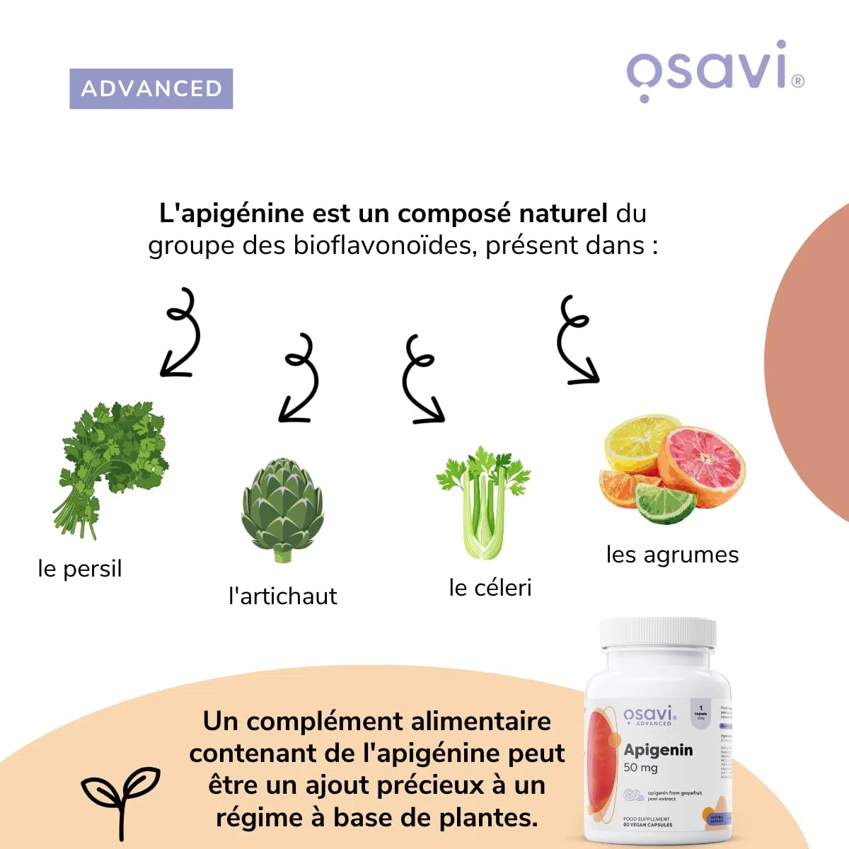 Osavi Apigénine 50 mg – 120 Gélules Véganes | Extrait d’écorce de pamplemousse standardisé (90% apigénine) | Bioflavonoïde d’origine végétale | Formule clean | Convient aux végans & keto