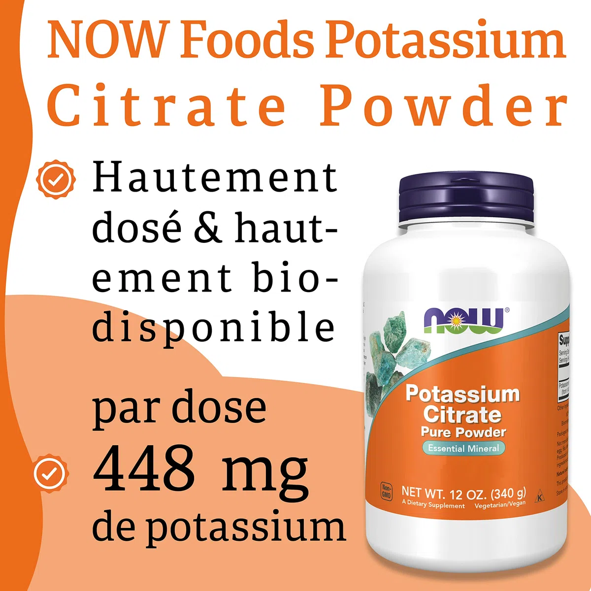 Now Foods, Potassium Citrate (Citrate de Potassium), 340g de Poudre végétalienne, Testé en Laboratoire, Minéraux, Potassium, Sans Gluten, Sans Soja, Végétarien