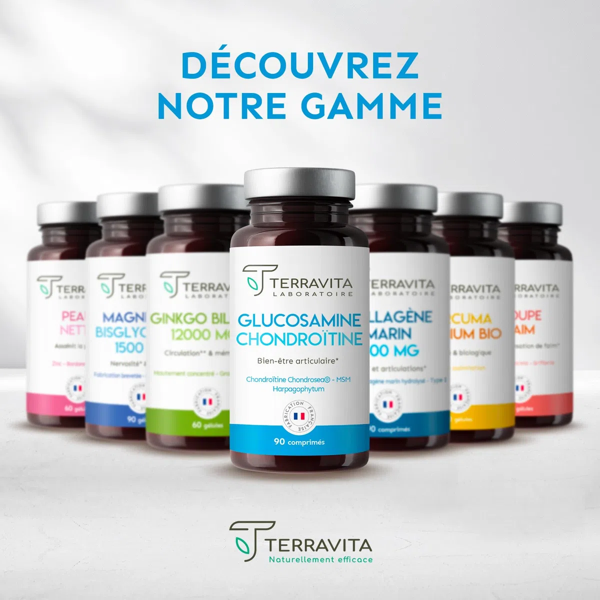 Glucosamine Chondroïtine | Avec Harpagophytum + MSM + Vitamine C + Oligo-éléments | Articulations Douloureuses - Arthrose - Perte de Mobilité | 90 Comprimés Dosage Fort | Made in France | Terravita