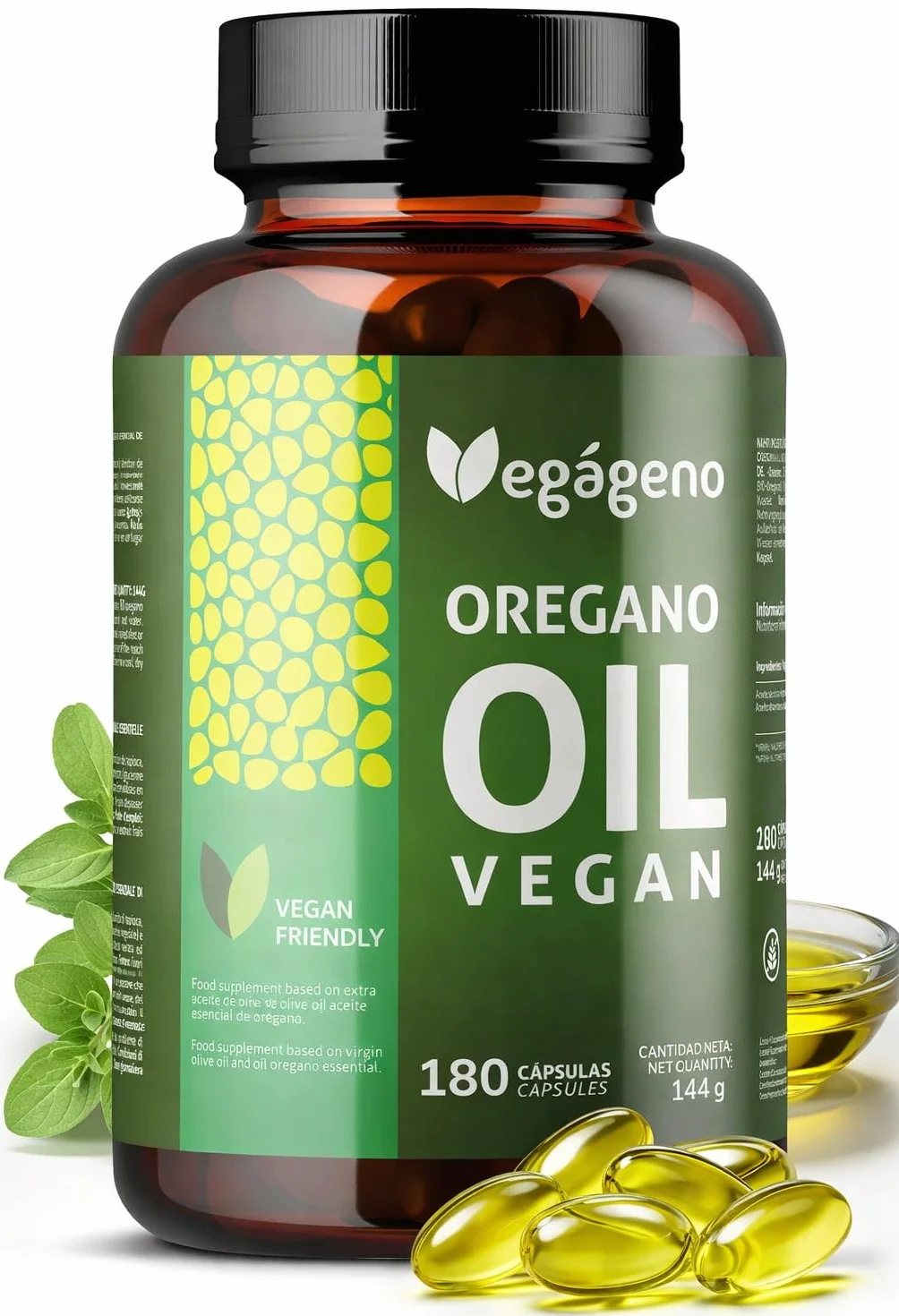 VEGAGENO - Huile Essentielle Origan | 180 Gélules Végétales, Complément Alimentaire à L'huile D'olive Extra Vierge et à L'huile Essentielle D'origan avec Oméga 9 et Carvacrol | Oregano Oil