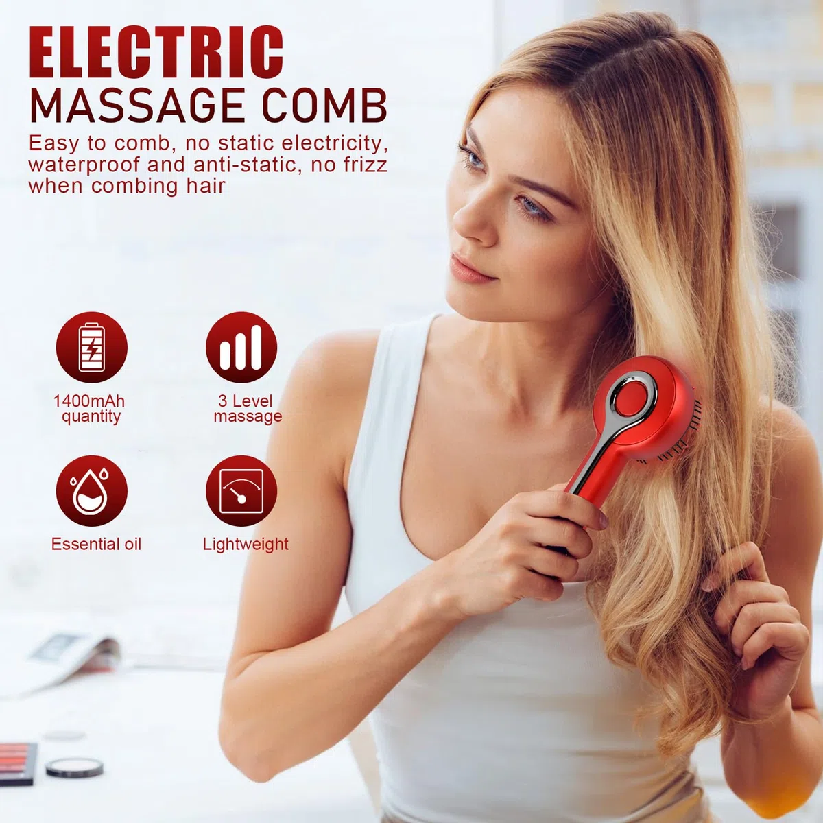 Brosse Massage Cuir Chevelu Pousse Cheveux, 3 in 1 Masseur Tete Cheveux à Lumière Rouge, Peigne de Massage Electrique, Étanchéité IPX7 avec 3 Modes et Distributeur d'Huile Capillaire 3ML (Noir)