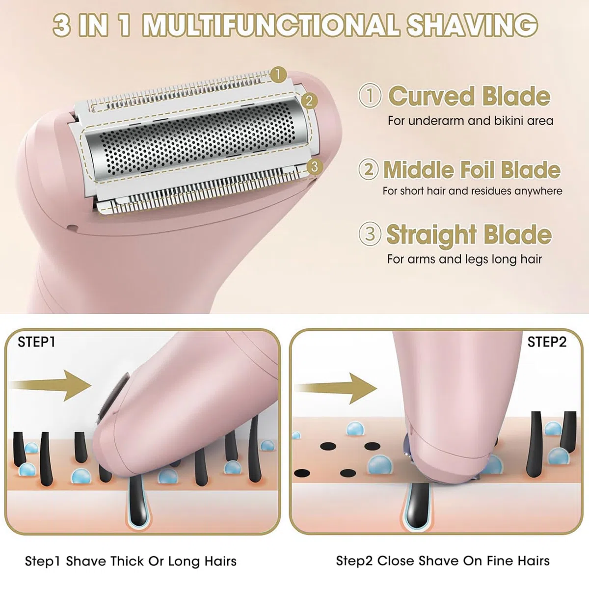 3 in 1 Rasoir Electrique Femme, Tondeuse Intime, IPX7 Étanche Rasoir Femme, utilisation humide et sèche pour le visage, les aisselles, les jambes (Rose)