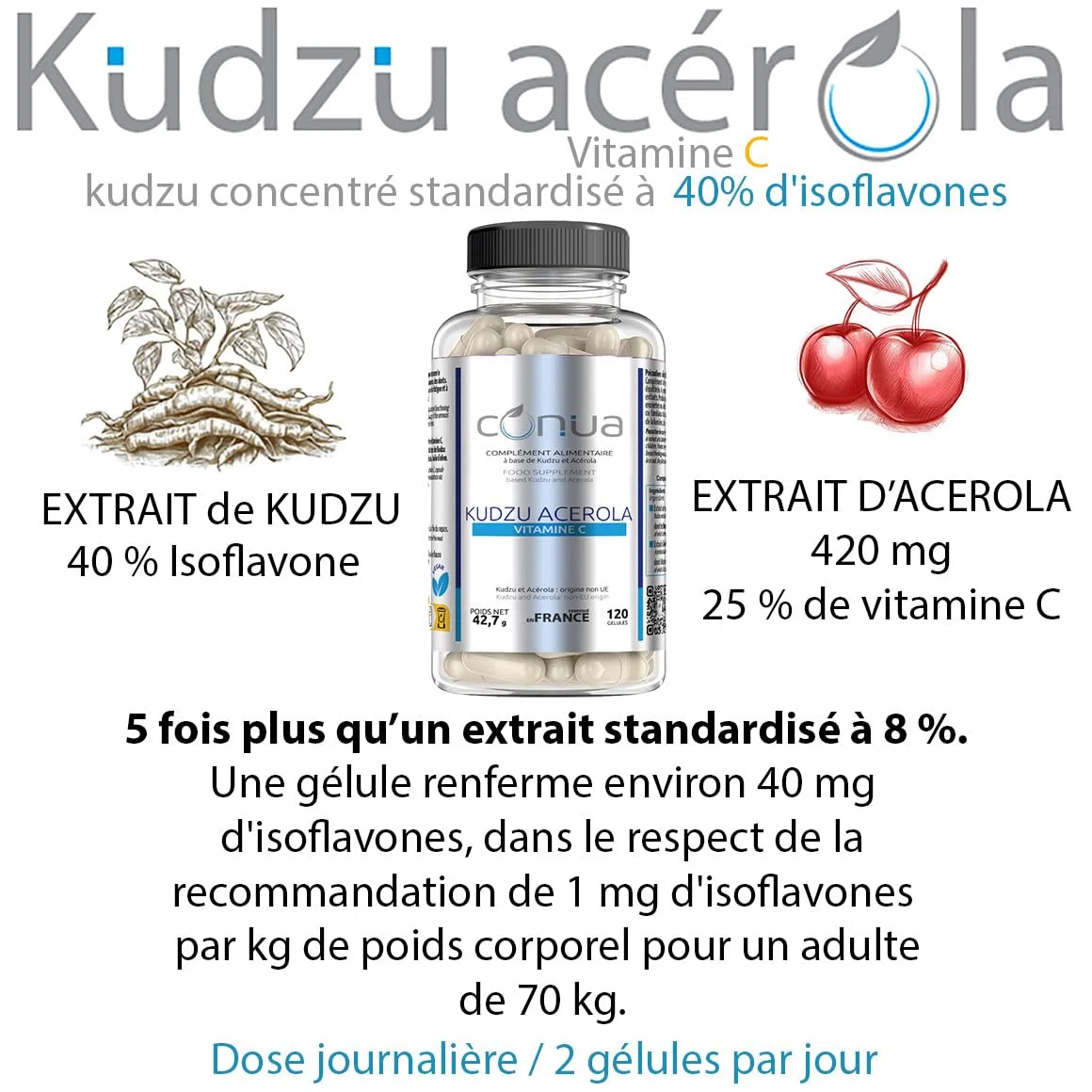 Kudzu 120 capsules, Acerola Stress Alcohol Tobacco antimicrobial antioxidant depression by Conua