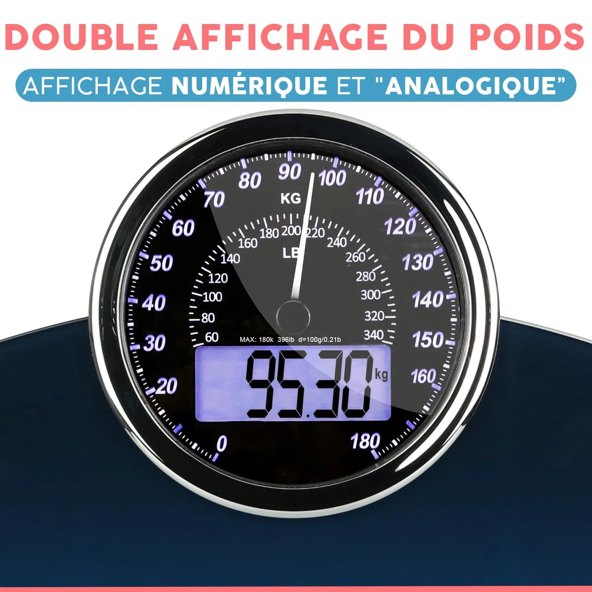 Hybrid Pèse-Personne - Analogique & Digital, Précis jusqu'à 180 kg | Lisez votre poids sur cadran analogique et LCD en même temps. Large plateau, 3 piles AAA incluses, prêt à l'emploi.