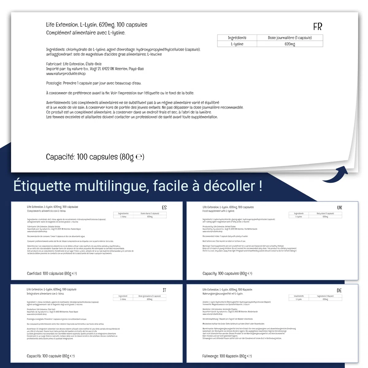 Life Extension, L-Lysine, 620mg, Hautement Dosé, 100 Capsules végétaliennes, Sans Gluten, Végétarien, Sans Soja, Sans OGM