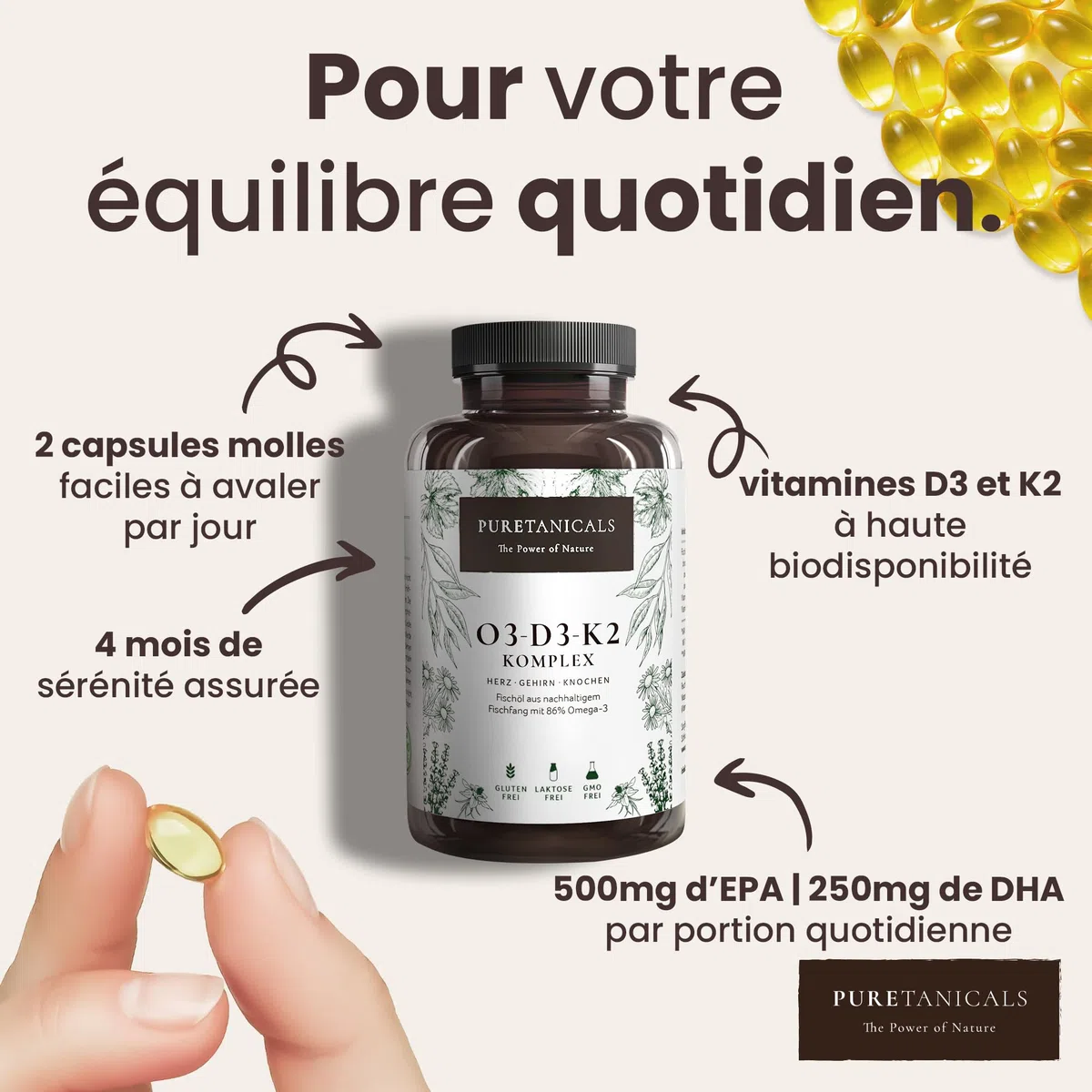Oméga 3 + Vitamine D3 + K2 MK7 All-Trans - Premium Essentiels O3-D3-K2 Complexe à Haut Dosage - Huile de Poisson aux Acides Gras EPA & DHA, Vit D3 K2 | Omega3 Gouttes | 240 Gélules