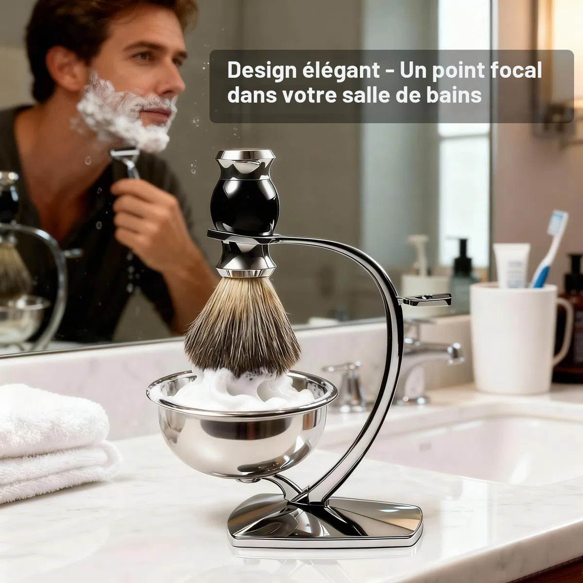 GRUTTI Kit rasage 3-en-1 homme: Bol inox magnétique + Support zinc chromé + Pinceau synthétique poil de blaireau | Hygiénique & Pratique | Ajoutez votre rasoir!