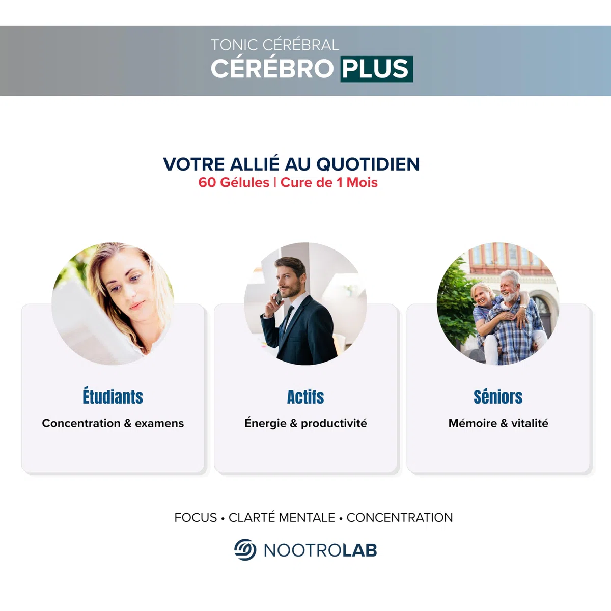 Nootropique Mémoire et Concentration | Complément Alimentaire Cerveau | Focus, Clarté Mentale & Énergie | Bacopa | Griffonia | Ginkgo | Thé vert | Vitamines B, C, D minéraux