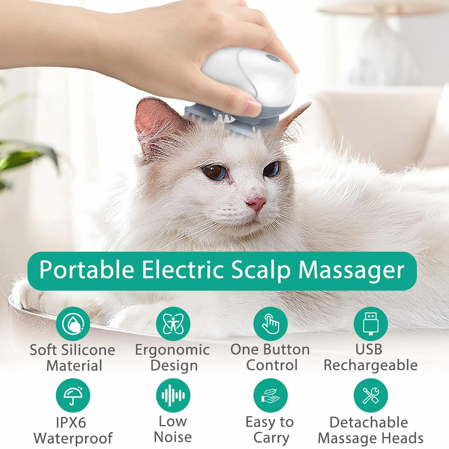 ORIA Masseur Électrique pour Tête et Cuir Chevelu, 3 Modes de Pétrissage, IPX6 Imperméable, Sans Fil avec 96 Contacts en Silicone, Massage Relaxant Rechargeable pour Chiens et Chats - Blanc