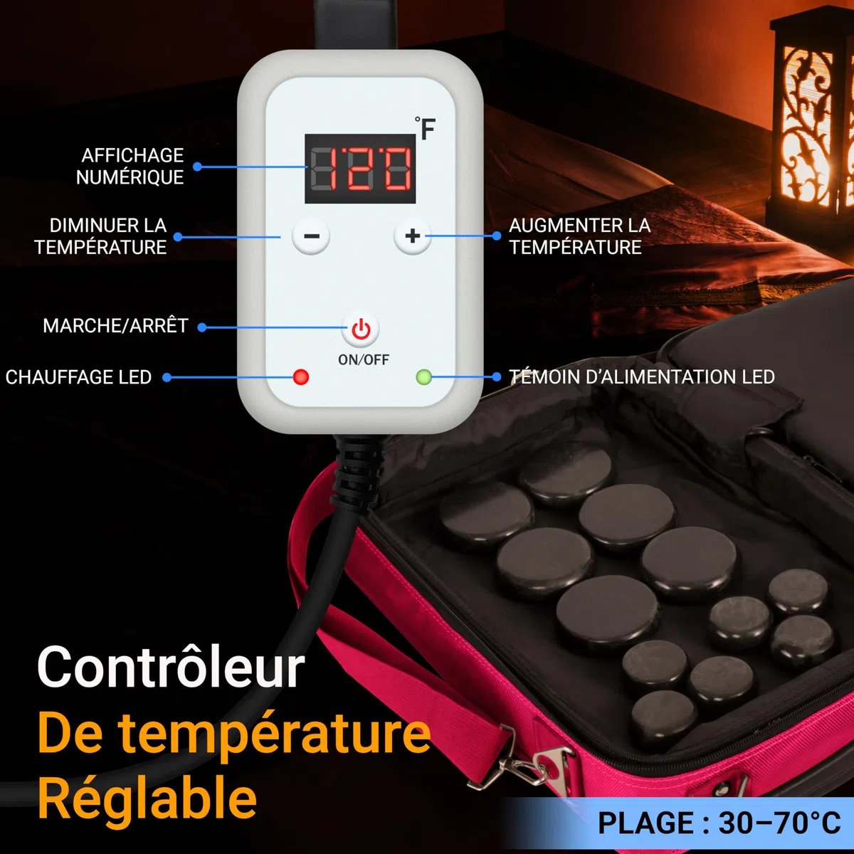 SereneLife Kit de Massage à Pierre Chaude – Système Portable de Thérapie avec Pierre Chauffée, avec Contrôleur Numérique de Température, 12 Pierres de Massage, Pierres Rondes Basaltiques Lisses