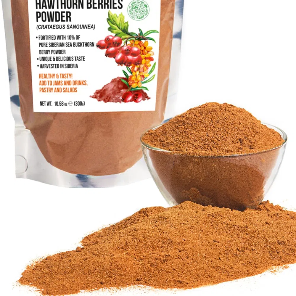 Farine d'aubépine de Sibérie 300g Séché avec des baies d'argousier Poudre fine Thé Crataegus Sanguinea hippophae rhamnoides Sibérie Montagnes de l'Altaï Taïga