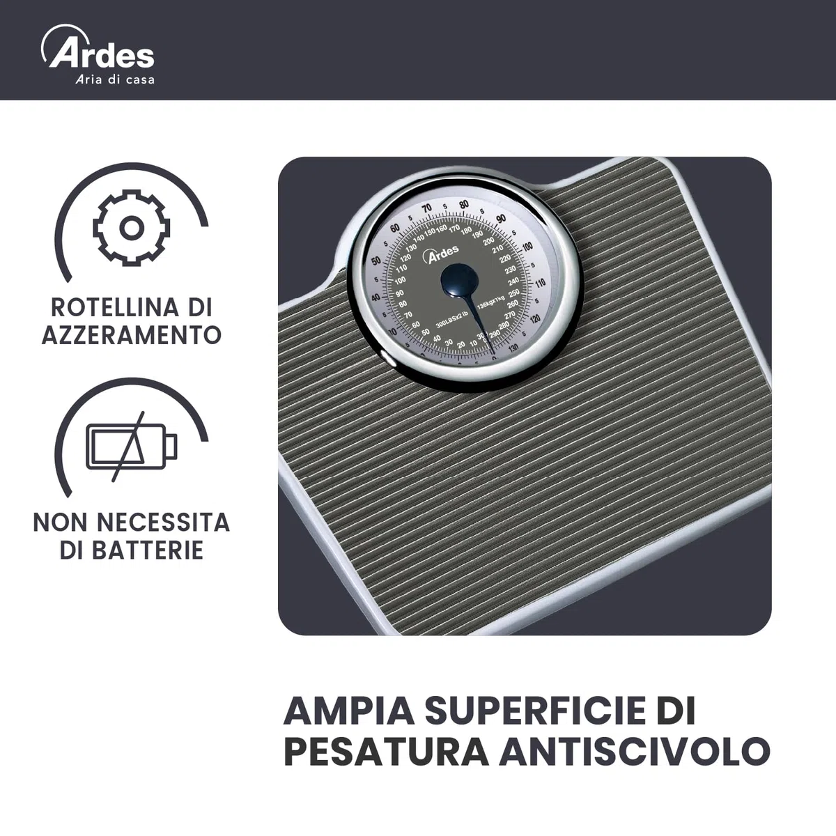 ARDES - AR2PP2M Pèse-Personne Mécanique Sans Piles Style Vintage avec Tapis Antidérapant - Poids en Kilos et en Livres