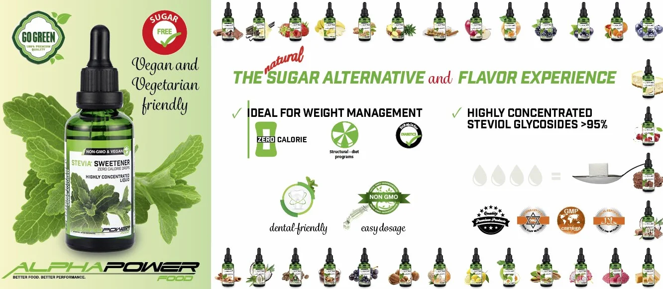 ALPHAPOWER FOOD Stevia liquide, arôme - SET SUPER ÉCONOMIQUE 5x50 ml chocolat blanc, biscuit au beurre, tarte aux pommes cannelle, Goût biscuit au chocolat et au beurre d'arachide, gâteau au fromage