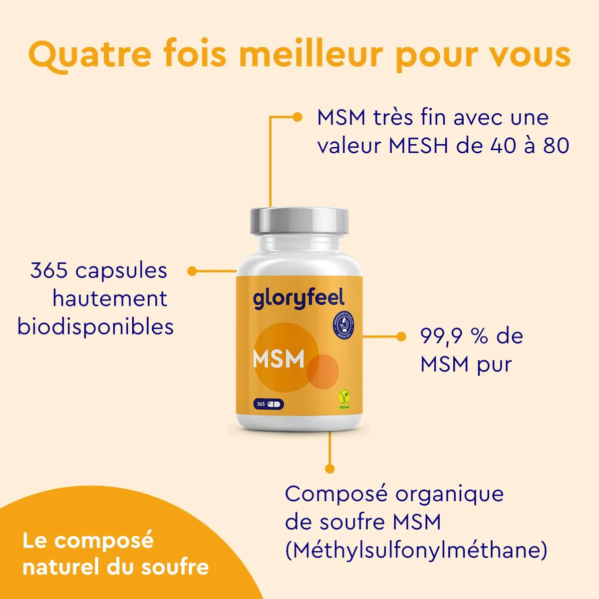 MSM Pur avec 99,9% de Méthylsulfonylméthane (365 Capsules), Soufre MSM Hautement Dosé (1600 mg par dose quotidienne), 100% Végétalien, Sans Additifs, Testé en Laboratoire