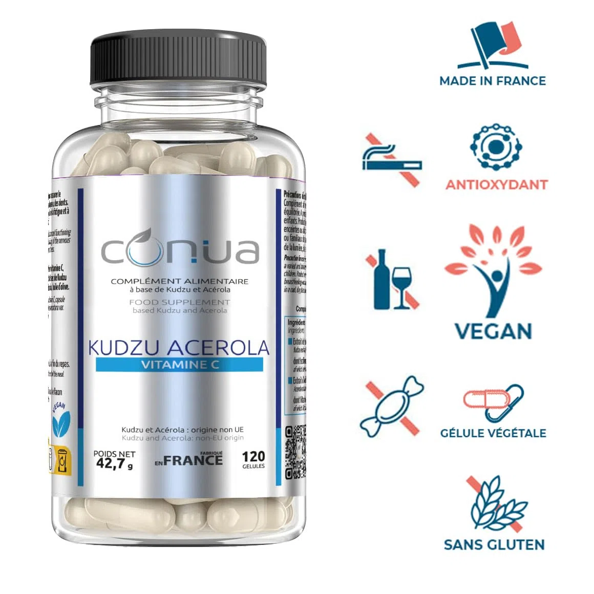 Kudzu 120 capsules, Acerola Stress Alcohol Tobacco antimicrobial antioxidant depression by Conua